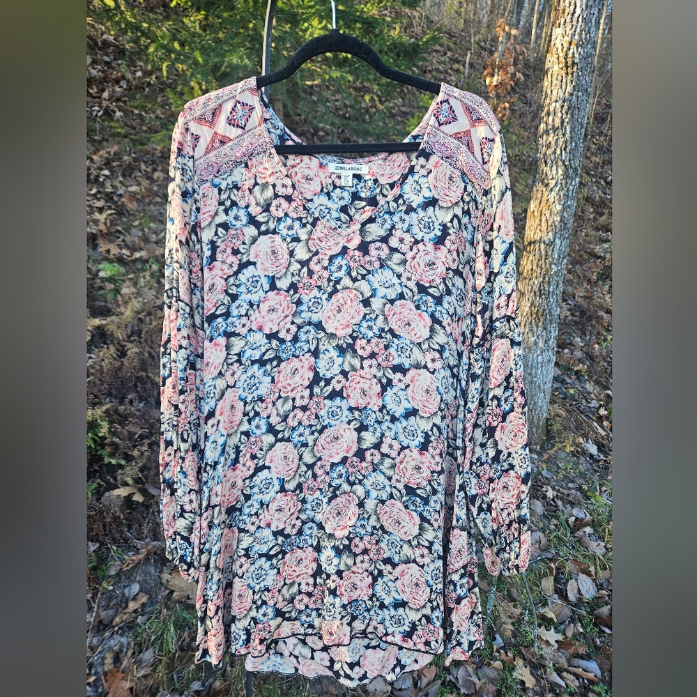 BILLABONG Floral Flowy Long Tunic Size Medium Pink Blue Tribal - Picture 7 of 8